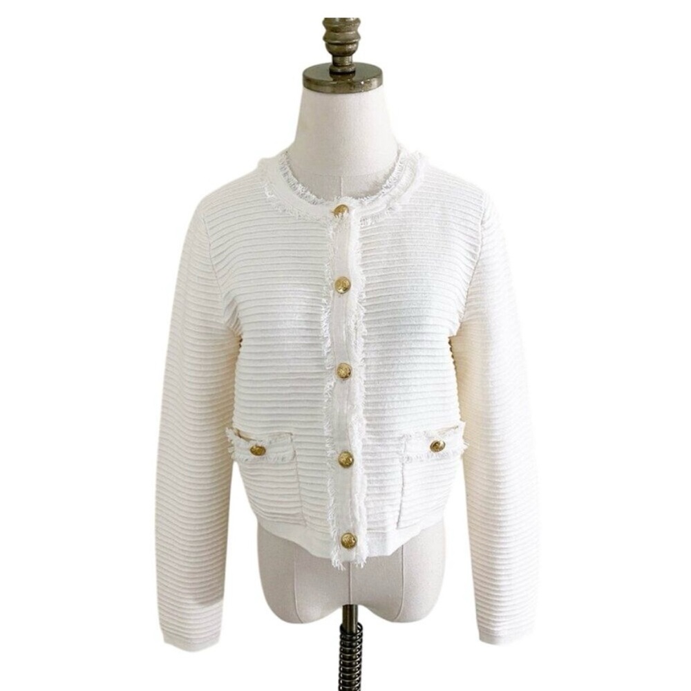 J. Crew Cream Emilie Sweater Lady Jacket Size Small Button Up Fringe Accent